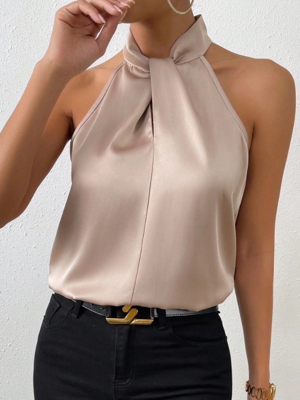 Beige Satin Halter Blouse Top Keyhole Neck Sleeveless